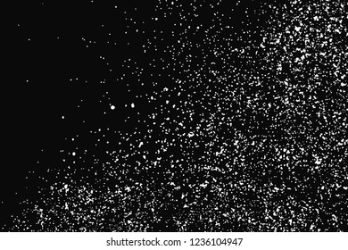 White Grainy Texture Isolated On Black Background. Dust Overlay. Light Coloured Noise Granules. Snow Vector Elements. Digitally Generated Image. Illustration, Eps 10.