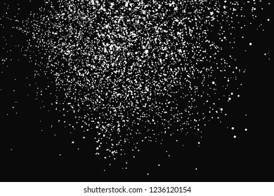 White Grainy Texture Isolated On Black Background. Dust Overlay. Light Coloured Noise Granules. Snow Vector Elements. Digitally Generated Image. Illustration, Eps 10.