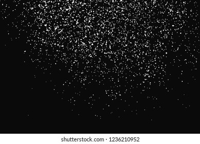 White Grainy Texture Isolated On Black Background. Dust Overlay. Light Coloured Noise Granules. Snow Vector Elements. Digitally Generated Image. Illustration, Eps 10.