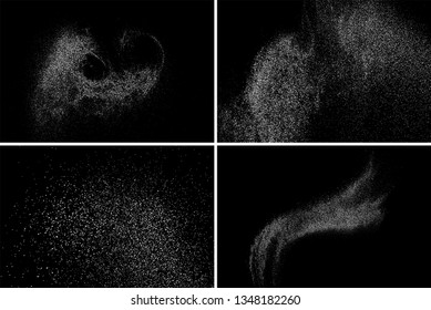 White Grainy Texture Isolated On Black Background. Dust Overlay. Light Coloured Noise Granules. Snow Vector Elements. Set Digitally Generated Image. Illustration, Eps 10.