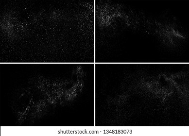 White Grainy Texture Isolated On Black Background. Dust Overlay. Light Coloured Noise Granules. Snow Vector Elements. Set Digitally Generated Image. Illustration, Eps 10.