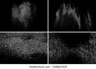 White Grainy Texture Isolated On Black Background. Dust Overlay. Light Coloured Noise Granules. Snow Vector Elements. Set Digitally Generated Image. Illustration, Eps 10.