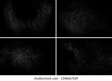 White Grainy Texture Isolated On Black Background. Dust Overlay. Light Coloured Noise Granules. Snow Vector Elements. Set Digitally Generated Image. Illustration, Eps 10.