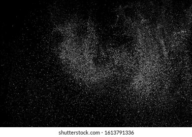 White Grainy Texture Isolated On Black Background. Dust Overlay. Light Coloured Noise Granules. Snow Vector Elements. Digitally Generated Image. Illustration, Eps 10.