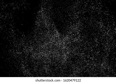 White Grainy Texture Isolated On Black Background. Dust Overlay. Light Coloured Noise Granules. Snow Vector Elements. Digitally Generated Image. Illustration, Eps 10.