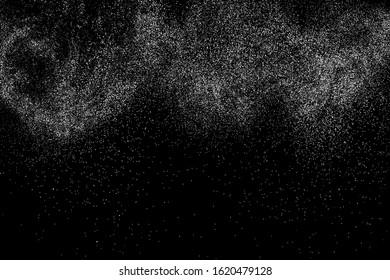 White Grainy Texture Isolated On Black Background. Dust Overlay. Light Coloured Noise Granules. Snow Vector Elements. Digitally Generated Image. Illustration, Eps 10.