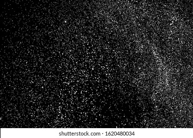White Grainy Texture Isolated On Black Background. Dust Overlay. Light Coloured Noise Granules. Snow Vector Elements. Digitally Generated Image. Illustration, Eps 10.