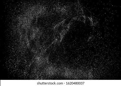 White Grainy Texture Isolated On Black Background. Dust Overlay. Light Coloured Noise Granules. Snow Vector Elements. Digitally Generated Image. Illustration, Eps 10.