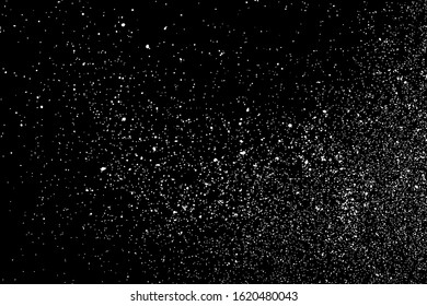 White Grainy Texture Isolated On Black Background. Dust Overlay. Light Coloured Noise Granules. Snow Vector Elements. Digitally Generated Image. Illustration, Eps 10.