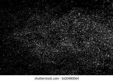White Grainy Texture Isolated On Black Background. Dust Overlay. Light Coloured Noise Granules. Snow Vector Elements. Digitally Generated Image. Illustration, Eps 10.
