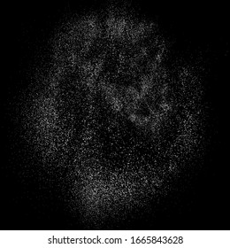 White Grainy Texture Isolated on Black Background. Dust Overlay. Light Coloured Noise Granules. Snow Vector Elements. Digitally Generated Image. Illustration, Eps 10.