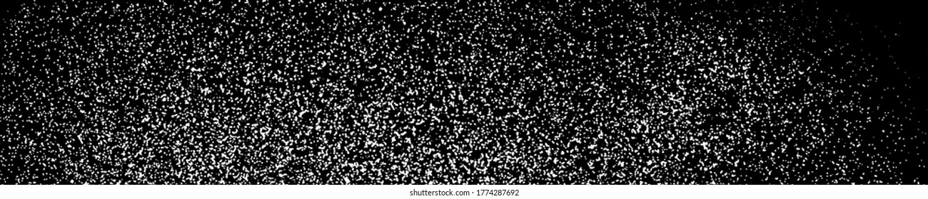 White Grainy Texture On Black. Panoramic Background. Wide Horizontal Long Banner For Site. Dust Overlay. Light Coloured Noise Granules. Snow Vector Elements. Illustration, EPS 10.