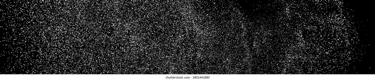 White Grainy Texture On Black. Panoramic Background. Wide Horizontal Long Banner For Site. Dust Overlay. Light Coloured Noise Granules. Snow Vector Elements. Illustration, EPS 10.