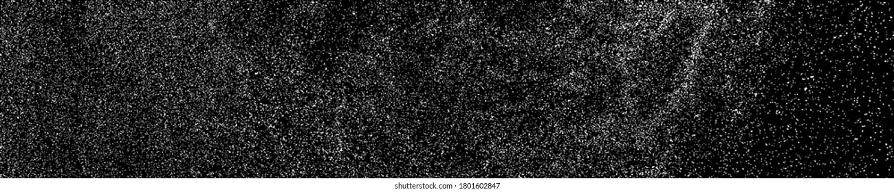 White Grainy Texture On Black. Panoramic Background. Wide Horizontal Long Banner For Site. Dust Overlay. Light Coloured Noise Granules. Snow Vector Elements. Illustration, EPS 10.