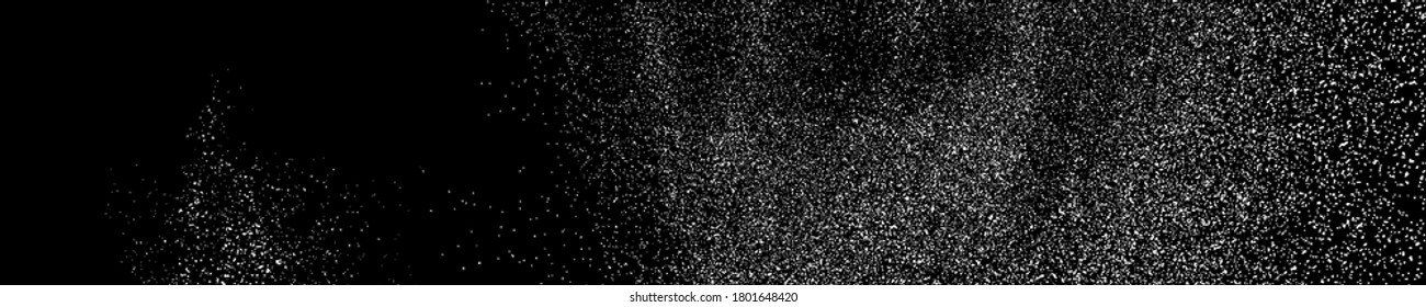 White Grainy Texture On Black. Panoramic Background. Wide Horizontal Long Banner For Site. Dust Overlay. Light Coloured Noise Granules. Snow Vector Elements. Illustration, EPS 10.