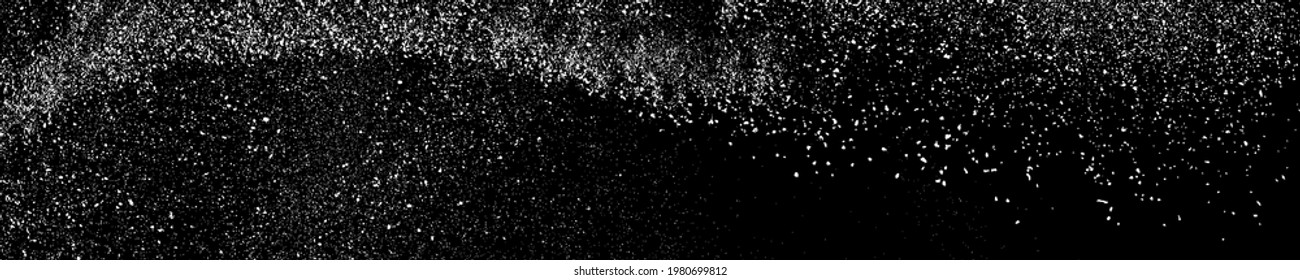 White Grainy Texture On Black. Panoramic Background. Wide Horizontal Long Banner For Site. Dust Overlay. Light Coloured Noise Granules. Snow Vector Elements. Illustration, EPS 10.