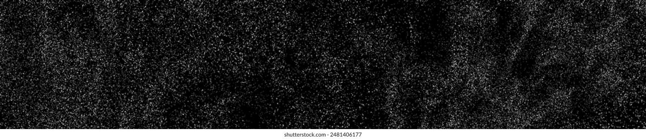 White Grainy Texture On Black. Panoramic Background. Wide Horizontal Long Banner For Site. Dust Overlay. Light Coloured Noise Granules. Snow Vector Elements. Illustration, EPS 10.