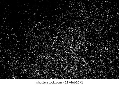 White Grainy Texture Template On Black Background. Dust Overlay Distress. Grunge Elements With Grain And Noise. Vector Monochrome Illustration, Eps 10.
