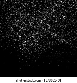 White Grainy Texture Template On Black Background. Dust Overlay Distress. Grunge Elements With Grain And Noise. Vector Monochrome Illustration, Eps 10.