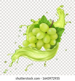 Rama de uva blanca en jugo de uva salpicar ilustración realista icono vectorial.