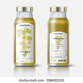 White grape juice packaging. Beautiful transparency whole and cut fruits. Bottle template with face and back labels. 