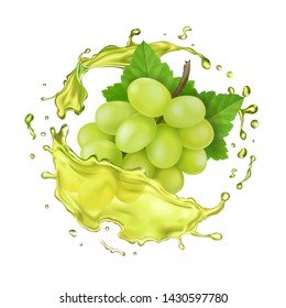 White grapes branch and juice splash. Realistic vector icon.