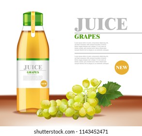 White Grapes juice Vector realistic. Product packaging mock up. Label designs glass bottle