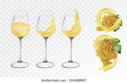 White grapes wine in glasses on transparent background. Splashes white wine. 3D Vector illustration