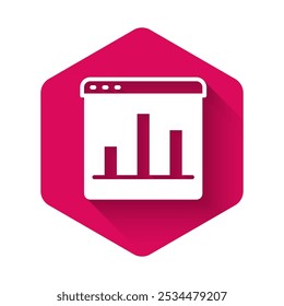 Gráfico blanco, gráfico, diagrama, icono de infografía aislado con fondo de sombra larga. Botón hexagonal rosa. Vector