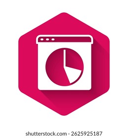 White Graph, chart, diagram, infographic icon isolated with long shadow background. Pink hexagon button. Vector