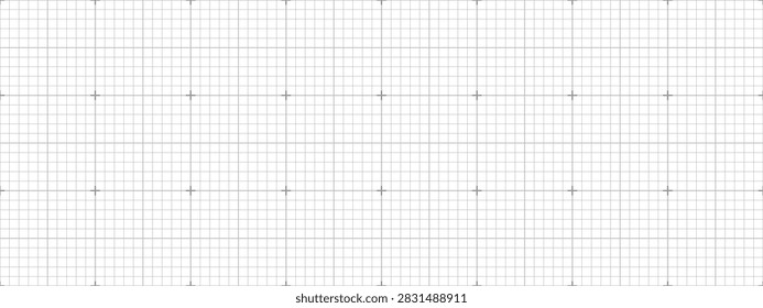 White graph paper texture. Seamless checkered pattern with crosses at every 10th line. Classic millimetr notebook background, geometric vector illustration for spreadsheets, diaries and note pages