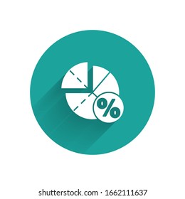 White Graph, schedule, chart, diagram, infographic, pie graph icon isolated with long shadow. Green circle button. Vector Illustration