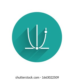 White Graph, schedule, chart, diagram, infographic, pie graph icon isolated with long shadow. Green circle button. Vector Illustration