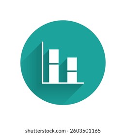 White Graph, schedule, chart, diagram, infographic, pie graph icon isolated with long shadow background. Green circle button. Vector