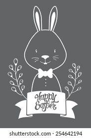 White graphic bunny Easter postcard. White graphic bunny on gray background. Happy Easter postcard. Vector illustration.