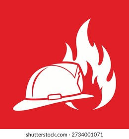 A white graphic of a firefighter's helmet with flames behind it, set against a red background. The image symbolizes fire safety and the bravery of firefighters.