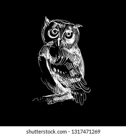 White graphic image of a wild owl bird on a black background,
grunge sketching. hatched pattern. Vector graphics.