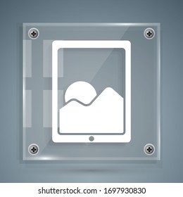 White Graphic tablet icon isolated on grey background. Square glass panels. Vector Illustration