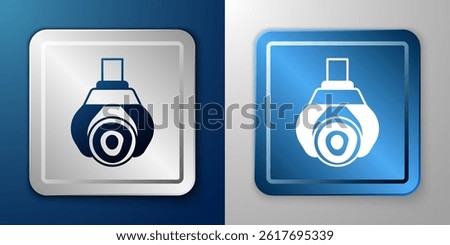 White Grapple crane grabbed a log icon isolated on blue and grey background. Forest industry. Industrial crane for lumber trunk wood production. Silver and blue square button. Vector