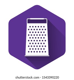 White Grater icon isolated with long shadow. Kitchen symbol. Purple hexagon button. Vector Illustration