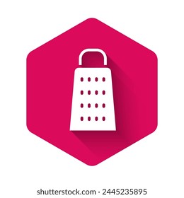 White Grater icon isolated with long shadow background. Kitchen symbol. Cooking utensil. Cutlery sign. Pink hexagon button. Vector