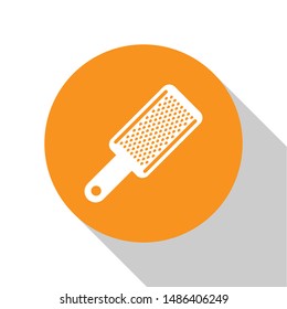 White Grater icon isolated on white background. Kitchen symbol. Cooking utensil. Cutlery sign. Orange circle button. Vector Illustration