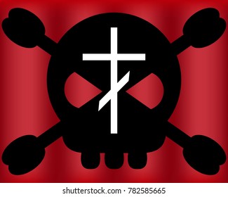 White grave cross and black skull on a red background, vector