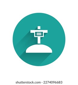 White Grave with cross icon isolated with long shadow. Green circle button. Vector