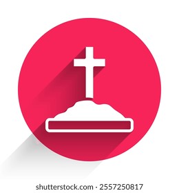 White Grave with cross icon isolated with long shadow. Red circle button. Vector