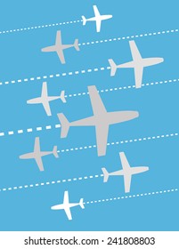 White and gray airplanes over blue color background
