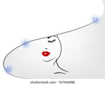 White and gray background with a woman in a hat with snowflakes.
