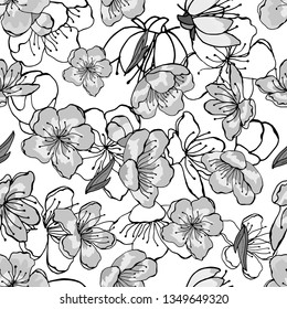 White, gray, black cherry flowers in oriental style. Seamless background, vector hand drawn illustration on white backdrop.