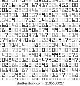 White, gray and black halftone numbers. Numerical letters of the alphabet in random order on a white. Abstract vector design seamless pattern illustration. Newspaper style wallpaper or backdrop