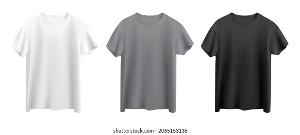 white, gray and black t-shirts isolated on white background front view vector mock up